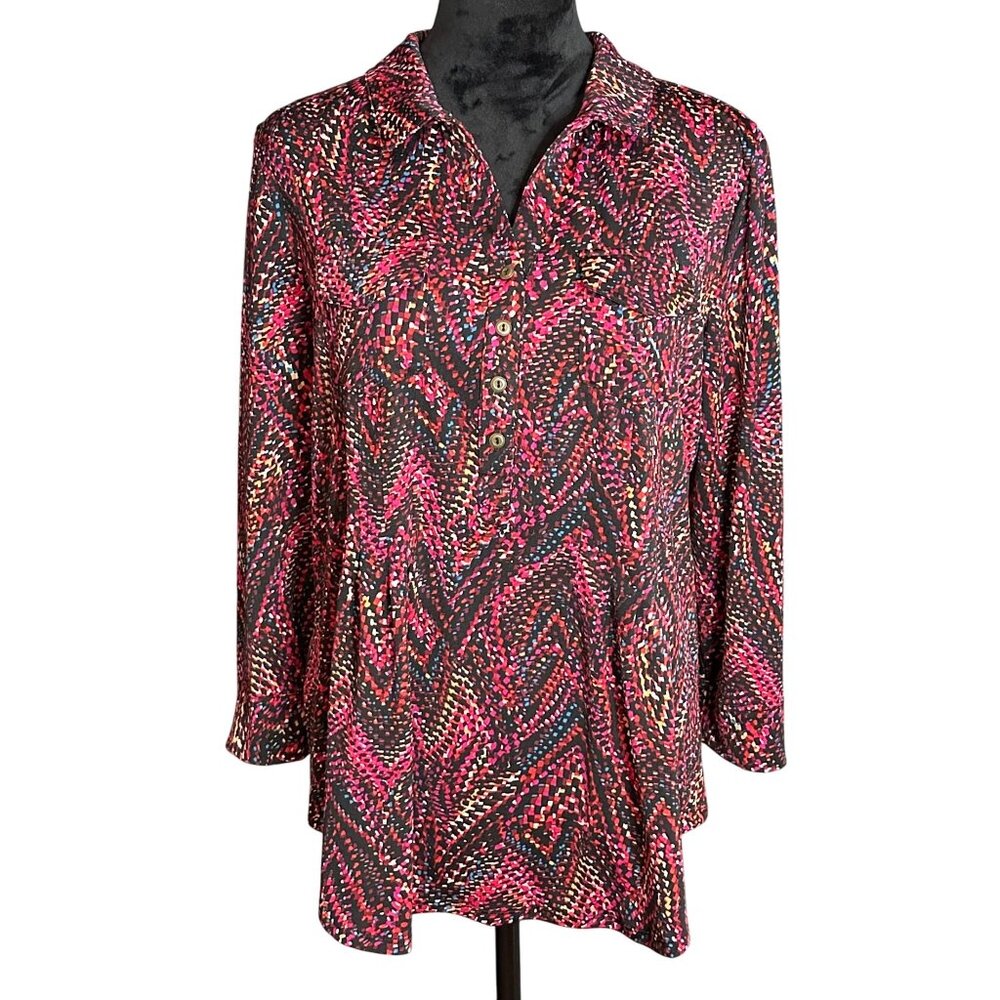 New Directions Blouse Womens Size L 3/4 Sleeve Multicolor Abstract Top Casual‎